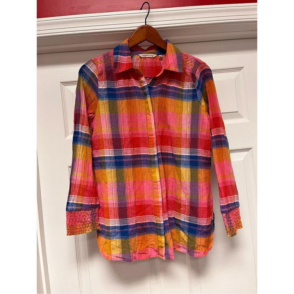 Soft Surroundings Sansonne Multi Plaid Wrinkle Smocked Cuff Button Down Shirt sz